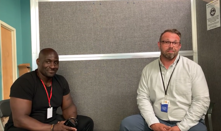 Certified personal trainer Brian Mayo (left) is leading a Movement is Medicine group at the Mental Health Association in Chautauqua County’s (MHA) Jamestown program. He was interviewed by Certified Peer Specialist Sean Jones about the group on the MHA’s Facebook page.