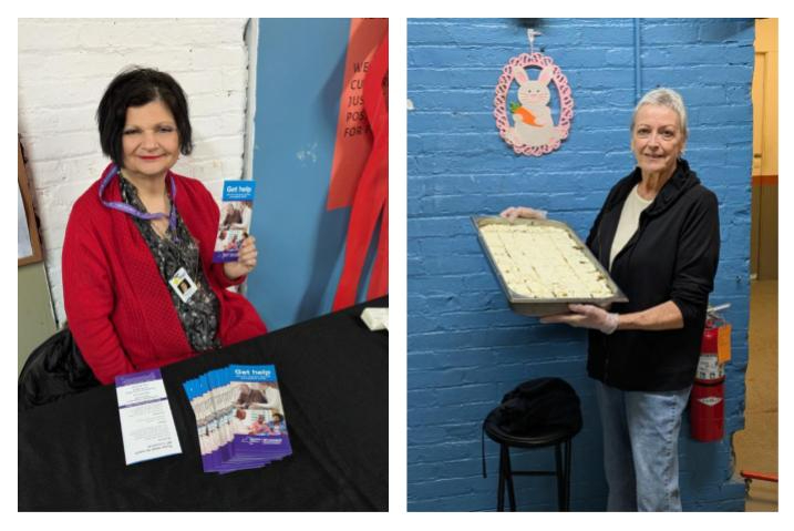 At the Mental Health Association in Chautauqua County’s April luncheon, Afroula Snell (left), Chautauqua County coordinator for NY Connects, described the services her organization provides. Marty Carcione made a delicious carrot cake for the event in appreciation for all the help the MHA has given her family.