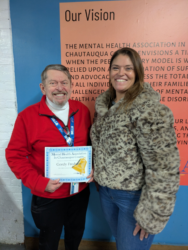 At the Mental Health Association in Chautauqua County’s St. Patrick’s Day recovery luncheon, Peer Specialist Gordy Frederes received a recognition and Elizabeth Margarito described the free food and clothing the Salvation Army provides. 