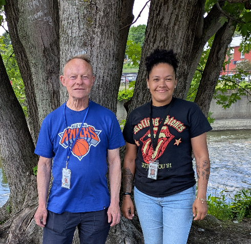 Mental Health Association Peer Specialists Buddy Carlson and Jessica Crooks are sporting their badges that admit them to the Chautauqua County Jail, where they are offering services.